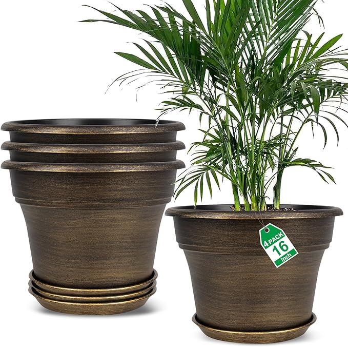 16 inch Plant Pots Outdoor Planters,4 Pack Large Plastic Flower Pot for Indoor Plants with Drainage Holes & Saucer, Resin Decorative Container Sets with Trays for House Outdoor Garden Plant Dark Gold