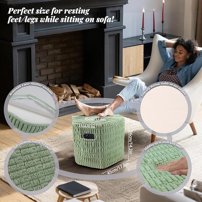 Hexagon Pouf Ottoman Stuffed with 2 Pockets & Handle, Comfort Corduroy Poufs, Non-Slip Foot Stool Storage Ottoman, Foam Floor Poufs Foot Rest for Couch, Bedroom (Green)