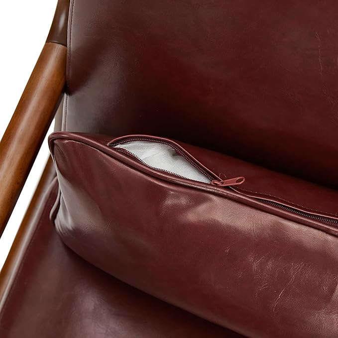 Glitzhome 30.75" H Mid Century Red Accent Armchair, Single Reading Armchair PU Leather Lounge Chair with Walnut Ruberwood Frame