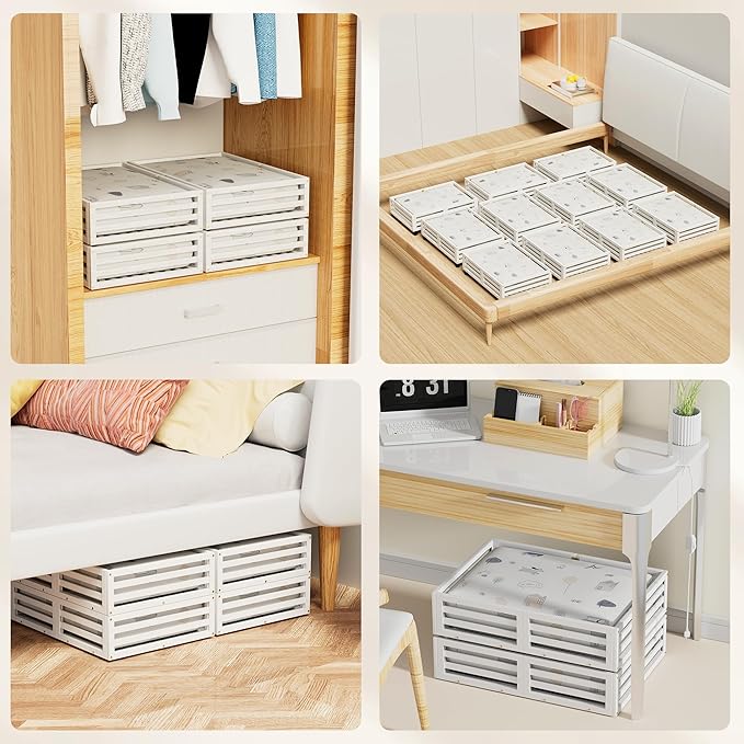 Under Bed Storage with Wheels-Large Bamboo Underbed storage Containers with Large Dust Bag Stackable Under the Bed Shoe Storage Bins for Clothes Books Bedding (2 Packs White, 23.62"L×16.54"W× 6.51"H)