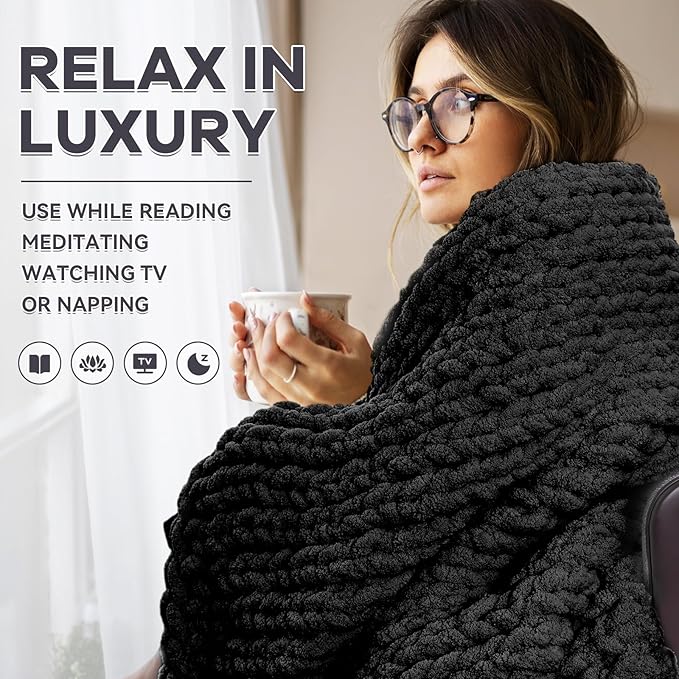 Chunky Knit Blanket - Luxury Soft Cozy 50 * 60 Throw Blanket,100% Woven Blanket Rope Knot Throw Blanket for Couch, Sofa, Home Decor, Gift - Machine Washable(Black)