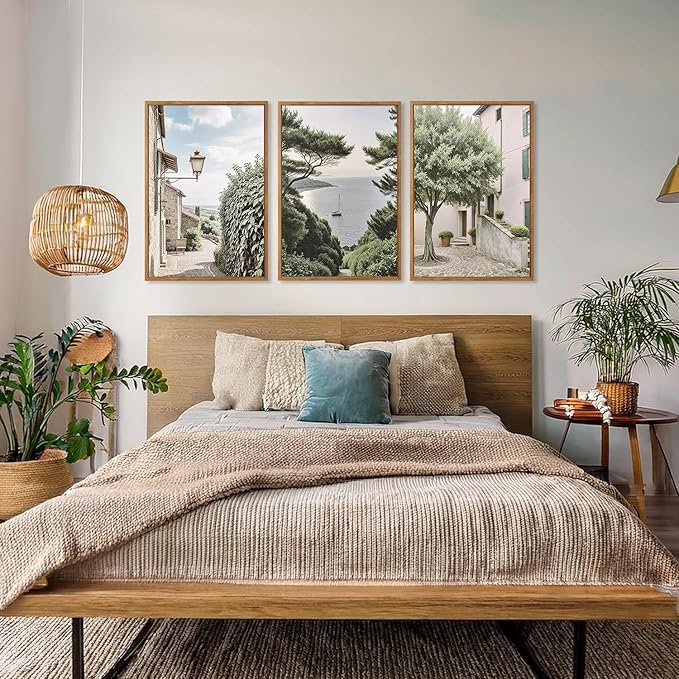 Aurlan Neutral Italy Cityscape Gallery Framed Wall Art(16"x24"), 3PCS Vintage Mediterranean Countryside Landscape Canvas Artwork, Large Town Coast Streets Travel Decor Prints for Office Home