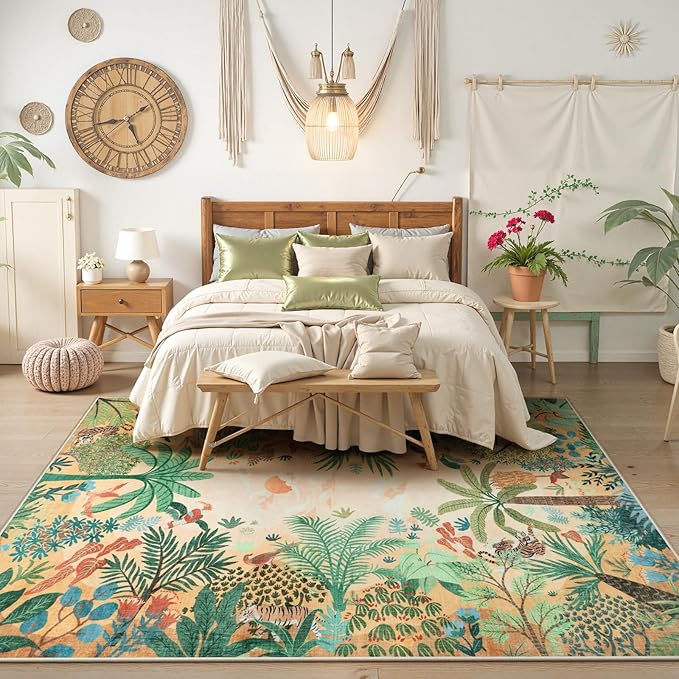 LIVEBOX Boho 8x10 Area Rugs for Living Room, Washable Soft Jungle Animal Print Rug for Bedroom, Farmhouse Non Slip Rug Floor Carpet, Forest Dining Room Rugs for Under Table