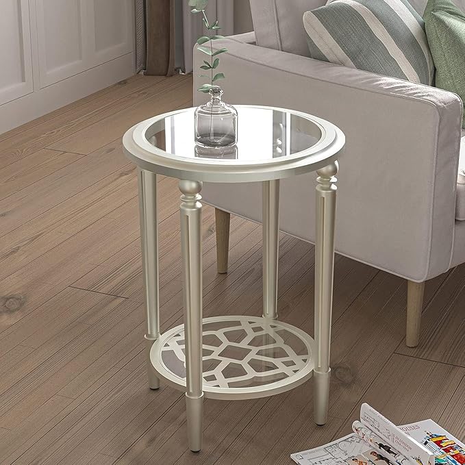 COSIEST Round Side Table, End Table Glass with Wood Frame, Champagne Gold Bedside Table with Modern Style for Living Room, Balcony, Bedroom