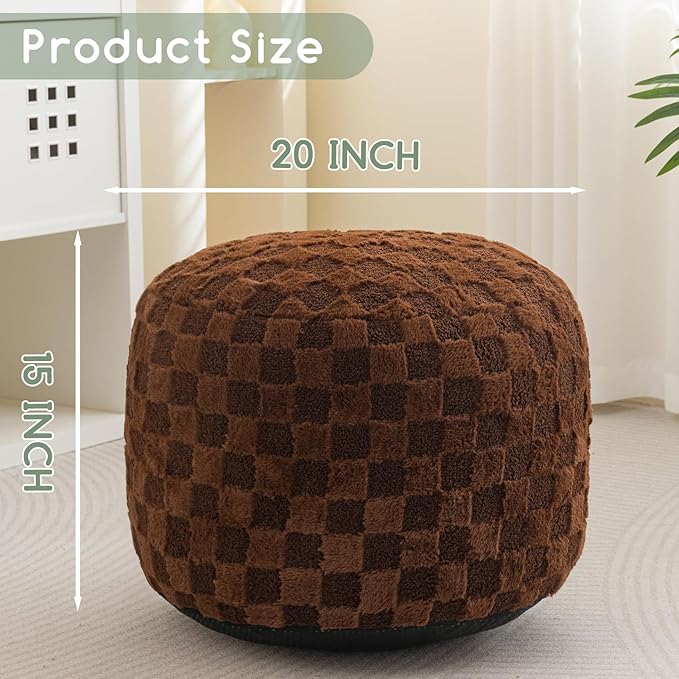 HIGOGOGO Round Stuffed Pouf Ottoman, Plaid Poufs with Foam Chunk Filling, Fluffy and Furry Pouf Foot Stool Storage Ottoman, 20 X 15 Floor Poufs Foot Rest for Living Room, Coffee