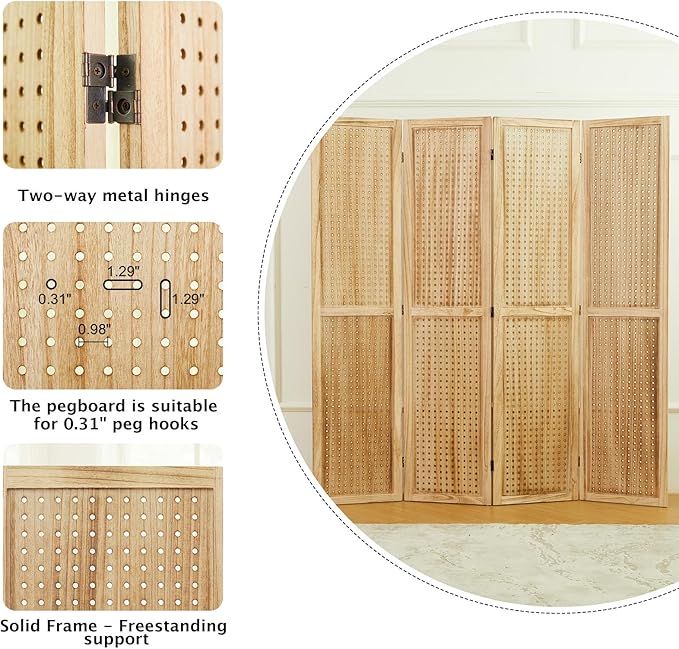Room Divider Freestanding Folding Pegboard Privacy Screen | 4-Panel Display Stand for Jewelry, Craft Shows, Retail | Natural Wood, Portable & Space-Saving Design (Natural)