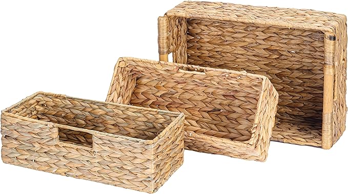 VATIMA Large Water Hyacinth Storage Baskets for Organizing with Wooden Handles for Shelves, 2 Bathroom Small Basket, Water Hyacinth Toilet Paper Baskets, Set of Natural Wicker Storage Basket for Home