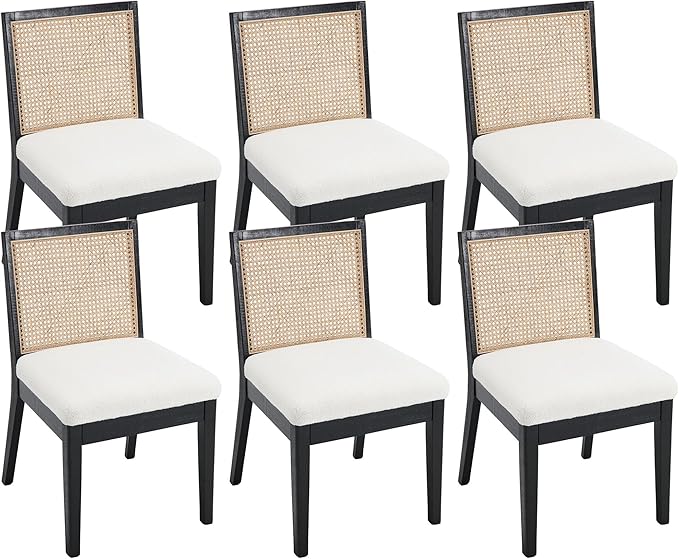 VESCASA Upholstered Dining Chairs with Square Rattan Back, Armless Padded Sherpa Fleece Cushion Dining Chairs with Wood Legs for Dining Room, Kitchen, Set of 6, Black Frame