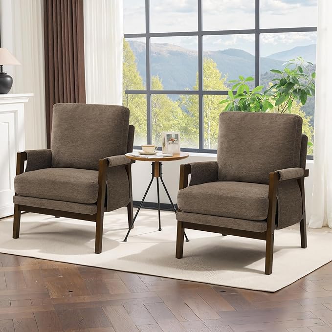 Modern Accent Chair for Living Room Mid Century Arm Chair Upholstered Bedroom Chair Comfy Lounge Chair with Solid Wood Frame, Dark Brown