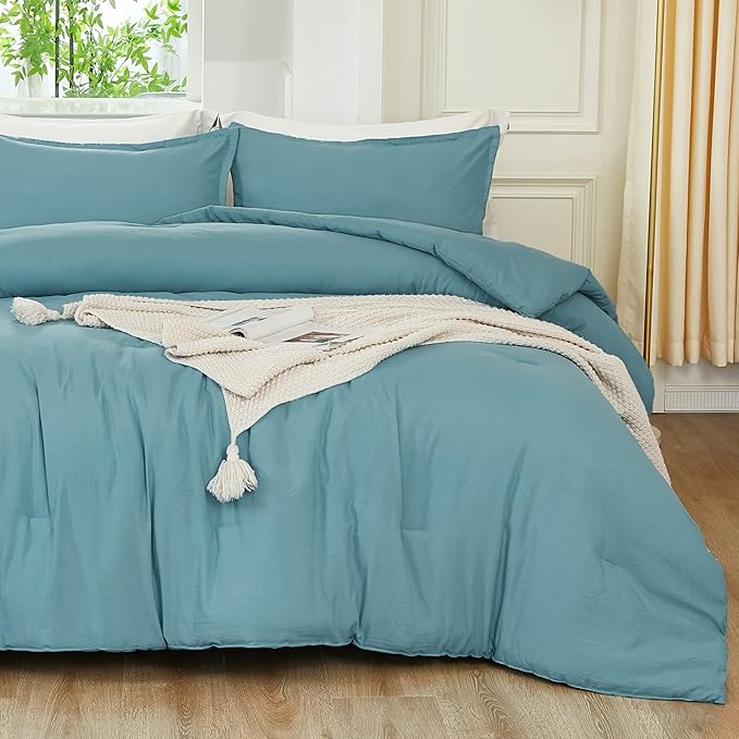 Litanika Comforters Grayish Teal Oversized Queen Size, 3 Pieces Lightweight Solid Bedding Comforter Set, All Season Fluffy Bed Set (98x98In Comforter & 2 Pillowcases)