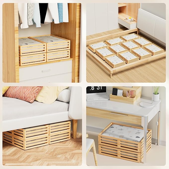 Under Bed Storage with Wheels-Large Bamboo Underbed storage Containers with Large Dust Bag Stackable Under the Bed Shoe Storage Bins for Clothes Books Bedding (2 Packs Nature, 23.62"L×16.54"W× 6.51"H)