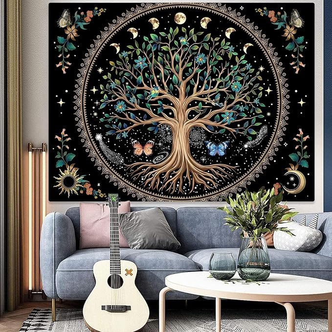 Lunerfex Tree of Life Tapastry Sun and Moon Tapastry Flower Boho Tree Mandala Wall Hanging for Bedroom and Living Room Decor Green Tree 60×80 Inches