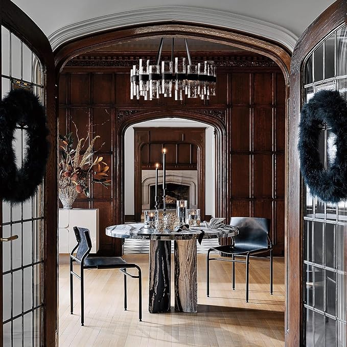 Round Black Glass Wagon Wheel Chandelier, Chandelier with Water Ripple Textured Recycled Clear Glass Piece, Modern Industrial Pendant Light with Metal Frame, Lighting Fixture for Living Room, Foyer