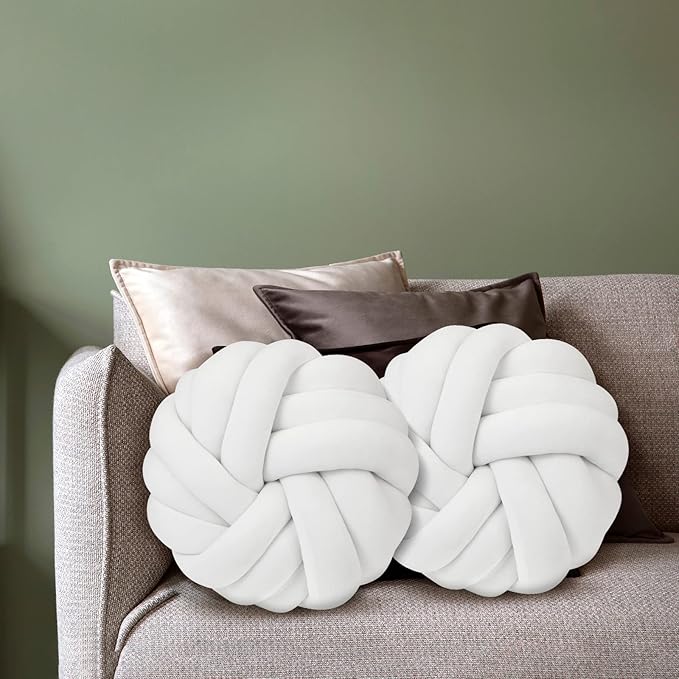 Fumete 2 Pcs 14 Inches Knot Pillow Round Throw Soft Plush Knot Ball Pillow Handmade Knotted Modern Home Decorative Cushion for Bed Bedroom, Sofa, Couch (White)