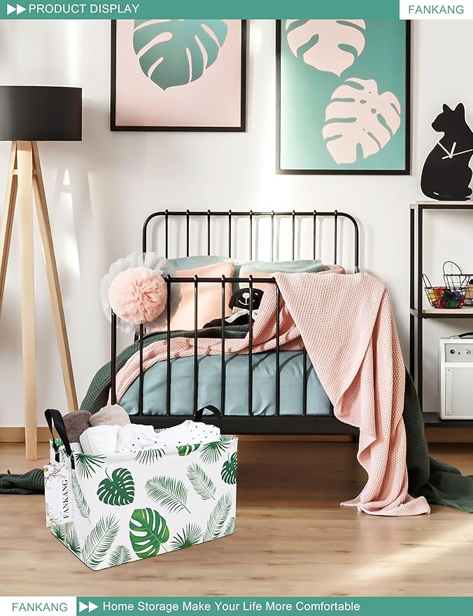 FANKANG Storage Bins, Nursery Hamper Canvas Laundry Basket Foldable with Waterproof PE Coating Large Storage Baskets for Kids Boys and Girls, Office, Bedroom, Clothes,Toys(Rec-Leaf )