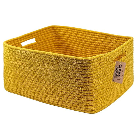 COMFY-HOMI Cotton Rope Woven Basket with Handles for Shelves,Toys,Book, Cloth Storage Baskets for Organizing-17" x 13" x 7.5" Toy Decorative Organizer for Living Room, Bathroom (Yellow)