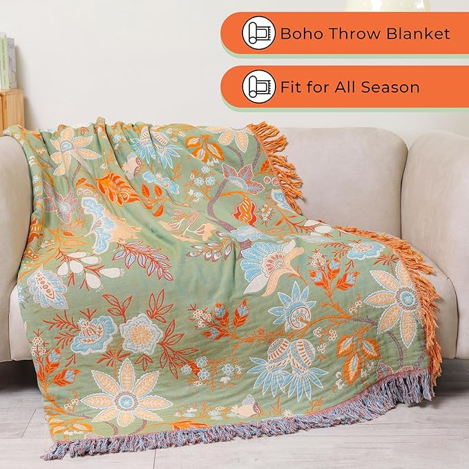 Boho Fall Throw Blanket for Bed,100% Ultra Cotton Soft Breathable Bed Throw Floral Printed Farmhouse Decor Rustic Bed Throws for Couch Sofa Quilt 60" x 80"-Orange& Sage Green