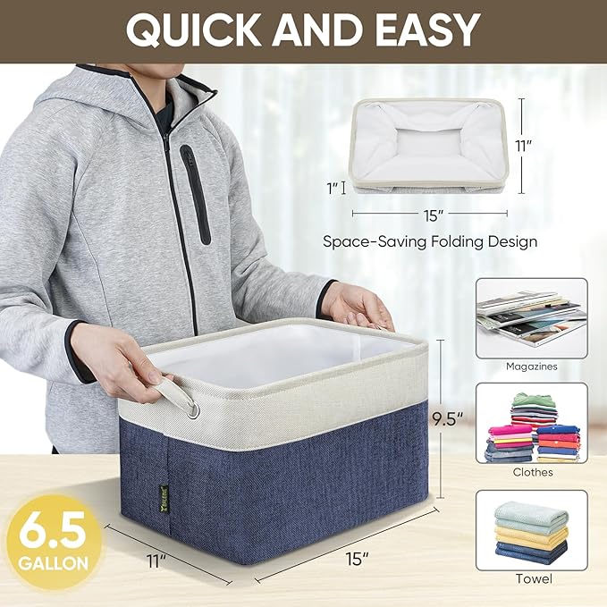 BALEINE 2 Pack Fabric Storage Bins for Shelves, Linen Storage Baskets for Organizing, Decorative Closet Bins for Clothes, Home (Navy Blue, 15"x11"x9.5") 