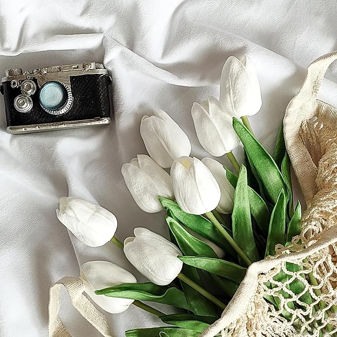 20pcs White Artificial Tulip Fake Flower 12.9 Inch Spring Mother's Day Easter Gift for Home Kitchen Wedding Decoration