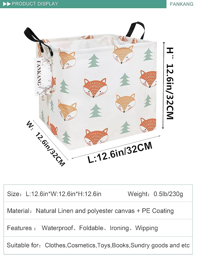 FANKANG Square Nursery Hamper Storage Bins Canvas Laundry Basket Foldable with Waterproof PE Coating Storage Baskets Gift Baskets for Children, Office, Bedroom, Clothes(Square-Fox)