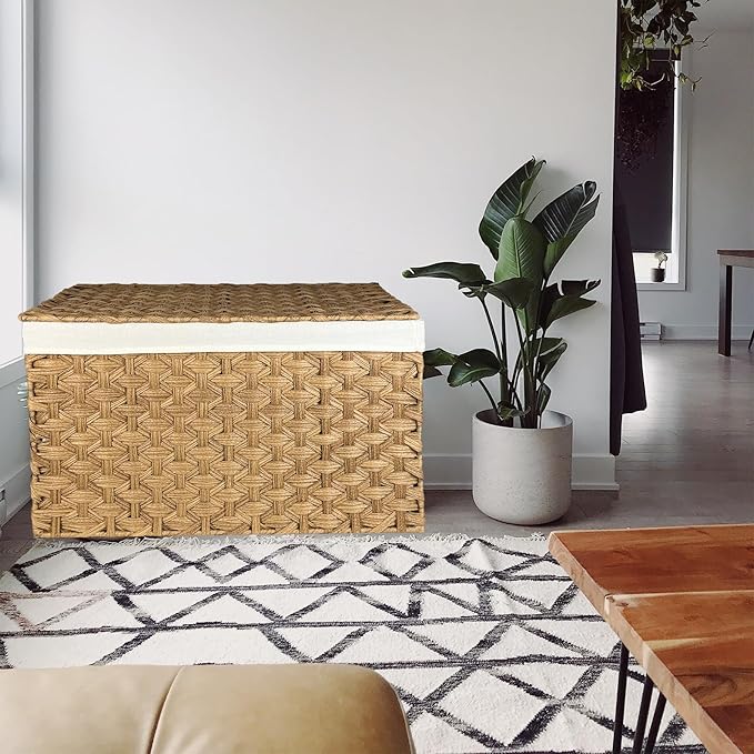 Wicker Storage Basket with Lid, 42.3 Gallon (160L) Large Blanket Basket with Lid, Woven Storage Bin with Handles, Removable Liner, Metal Frame, Foldable, for Bedroom, Laundry Room, Natural