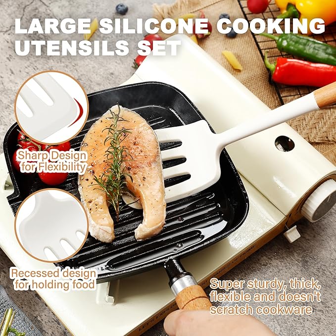 QMVESS Silicone Cooking Utensils Set, Kitchen Utensils Set 7 Pcs with Long Wooden Handle, Food Grade and Heat Resistant Large Silicone Spatula Set for Nonstick Cookware, BPA Free(White)