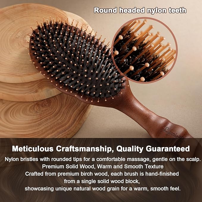 Premium Solid Wood Hair Brush, Nylon & Boar Bristle With Cushion Base, Exquisite Design, Detangling Hairbrush for all hair types
