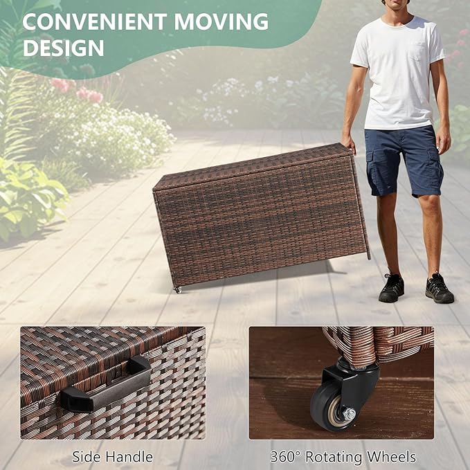 HOMREST Large Deck Box, Outdoor Wicker Storage Container with 70 Gallon, Patio Rattan Furniture for Garden Tools, Pillows, Pool, Brown
