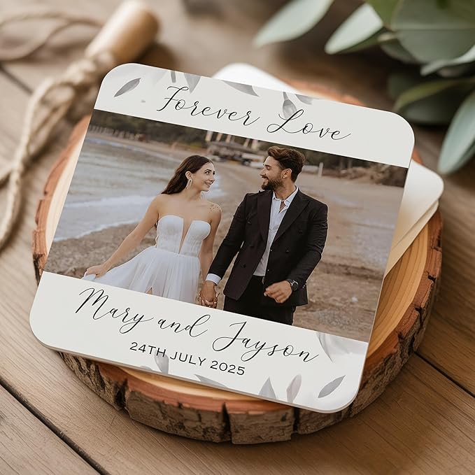 60 Pack Personalized Wedding Coasters, Custom Cardboard Coasters for Drinks with Photo Print and Text, Keepsake Wedding Favors and Gifts for Couples, 4x4 Square, Design 7