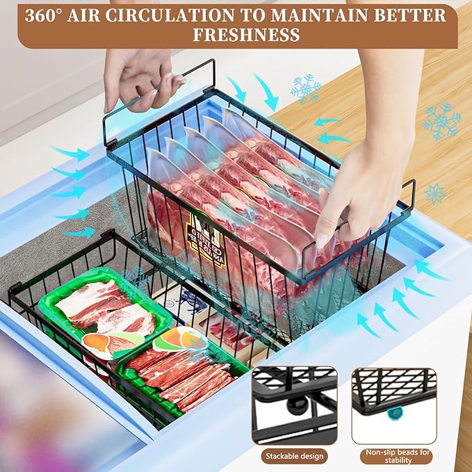 5 Pack Stackable Deep Freezer Organizer Bins ,Upgraded Bottom Leak-Proof net,Encryption and Hardening , Freezer Organizer Bins for 5 to 7 Cu.FT Small Chest Freezer, Easy Get Bottom Foods