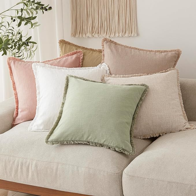 Foindtower Decorative Linen Fringe Lumbar Throw Pillow Covers Cozy Boho Farmhouse Cushion Cover with Tassel Soft Accent Pillowcase for Sofa Bed Living Room Home Decor, 12×20 Inch, 1PC,Light Sage Green