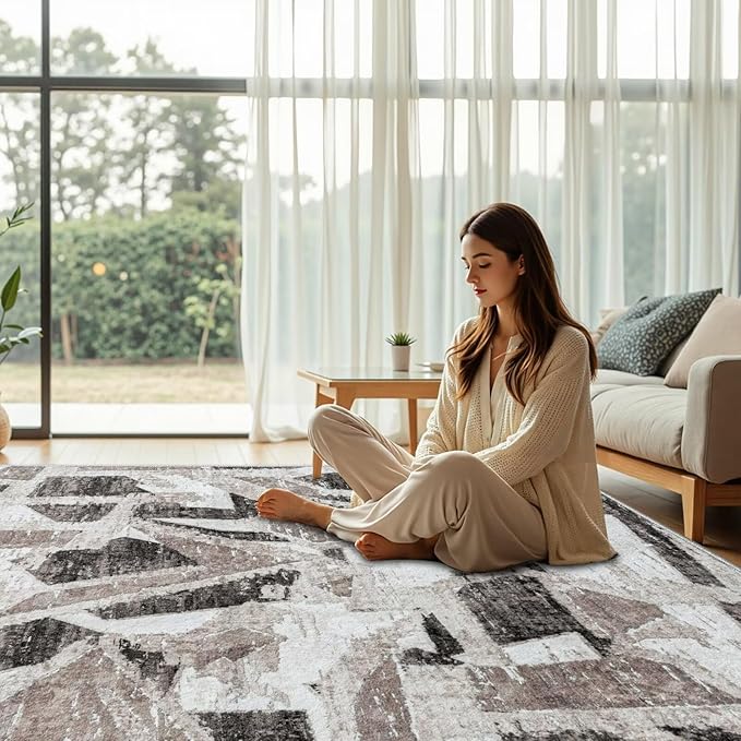 Modern Abstract 5X7 Area Rug for Living Room Bedroom Washable, with Non-Slip Rubber Backing Print Faux Wool Thin, Grey Throw Large Carpet for Kids Playroom Dining Room Pet & Child Friendly