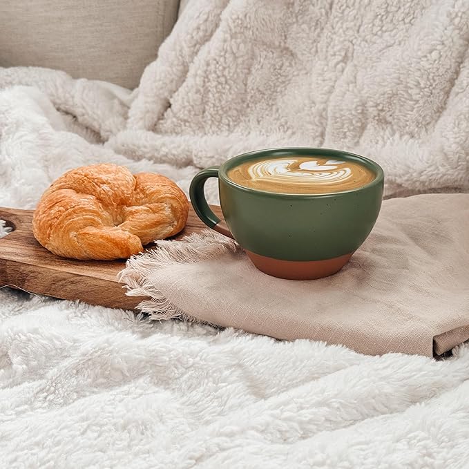 Mora Ceramic Latte Art Mug With Saucer - 10.5 oz, Round Bottom For Perfect Pours - Cafe Cups for Cappuccino, Espresso, Coffee, Tea etc - Porcelain Set for Baristas, Great Gift - Moss Green