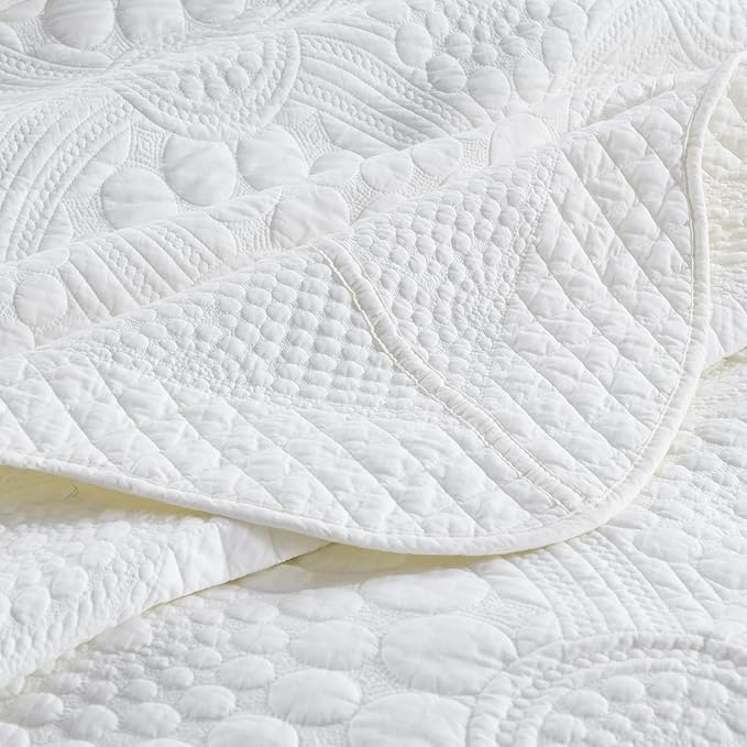 MarCielo 3-Piece 100% Cotton Oversized Bedspread Lightweight Quilt Coverlet Embroidery Farmhouse Bedding (Tf Bright White, Oversized Queen (100"x106"))