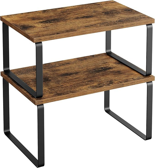 SONGMICS Cabinet Organizer Shelf, Set of 2 Kitchen Counter Shelves, Kitchen Storage, Spice Rack, Stackable, Expandable, Metal and Engineered Wood, Ink Black and Rustic Brown UKCS020X01