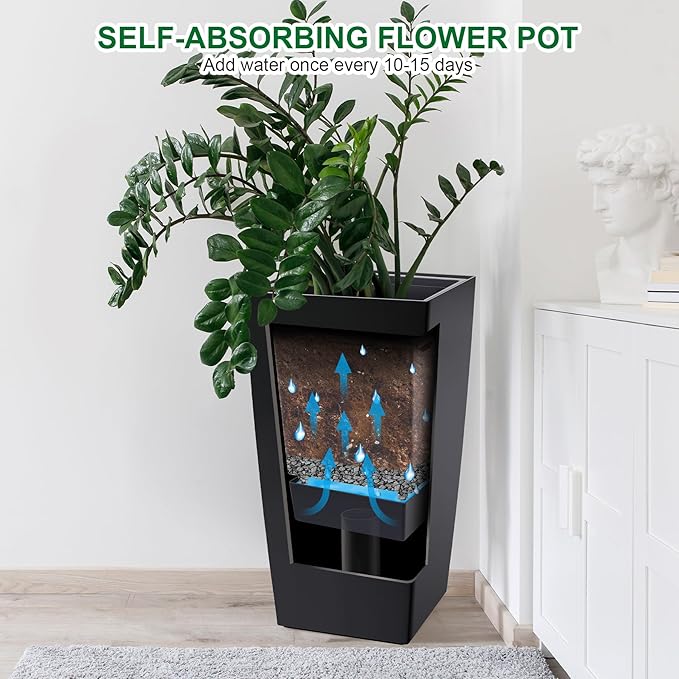 30" Tall Planters Set of 2, Outdoor&Indoor Black Planter Pots, High Front Porch Planter Pots with Drainage Holes&Water Level Monitor Movable Wheels &Inner Bucket, Automatic Watering,Black