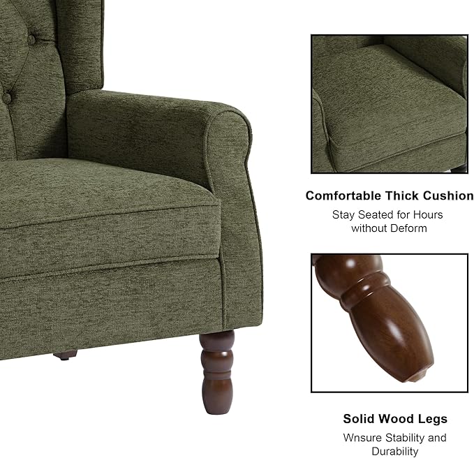 Accent Chair, Upholstered Armchair with Button Tufted High Back & Solid Wood Legs, Comfy Wingback Reading Single Sofa Chair for Small Spaces, Living Room, Bedroom (Green, Set of 2)