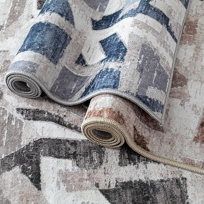 Modern Abstract 5X7 Area Rug for Living Room Bedroom Washable, with Non-Slip Rubber Backing Print Faux Wool Thin, Brown Throw Large Carpet for Kids Playroom Dining Room Pet & Child Friendly
