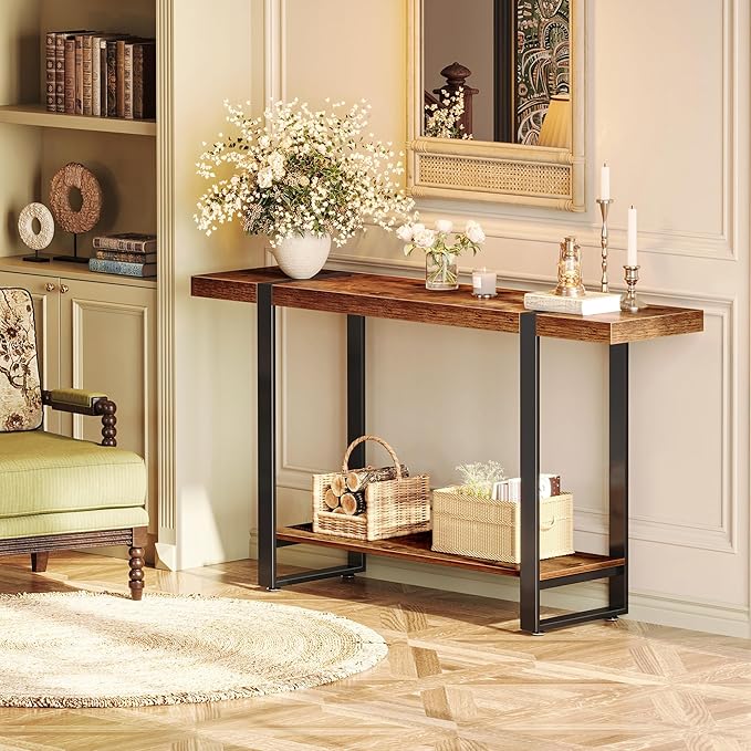 Huuger 47.2 Inch Entryway Table, 2-Tier Industrial Console Sofa Table, Accent Table with Storage, for Entry, Hallway, Entrance, Foyer, T-Shaped Metal Frame, Rustic Brown