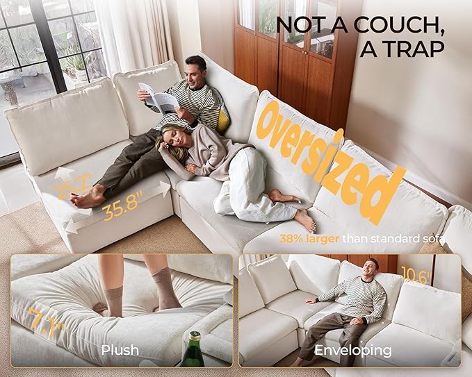 Oversized Modular Sofa Comfy Cloud Couch with Storage, Extra Deep Plush Sectional Sofa Set for Living Room, Covers Washable, Chenille, Olar (White, 6-Seater with 3 Ottomans, Sleeper)