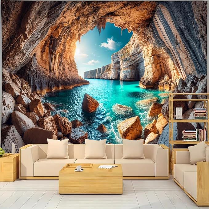 BSFHH Nature Tapestry Forest Tree Sea Cave Wall Hanging, Stream Through Rainforest Landscape Wall Art Tapestry for Bedroom Living room (Cave Sea View, 90"×70", Unframed)