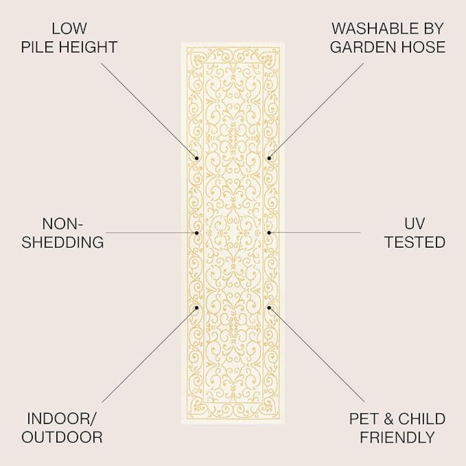 JONATHAN Y Vintage Filigree Indoor Outdoor Runner Rug 2X8 Cream/Yellow, Charleston Textured Weave for Backyard, Patio, Porch, Easy-Cleaning, High Traffic, Pet-Friendly, Non-Shedding (SMB106M-28)