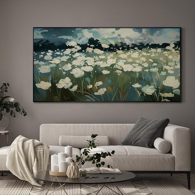 SIGNWIN 36"x72" Extra Large Framed Wall Art White Wildflower Field in Impressionist Style, Soft Floral Landscape for Home Living Room Bedroom Decor (Frame Assembly Required)