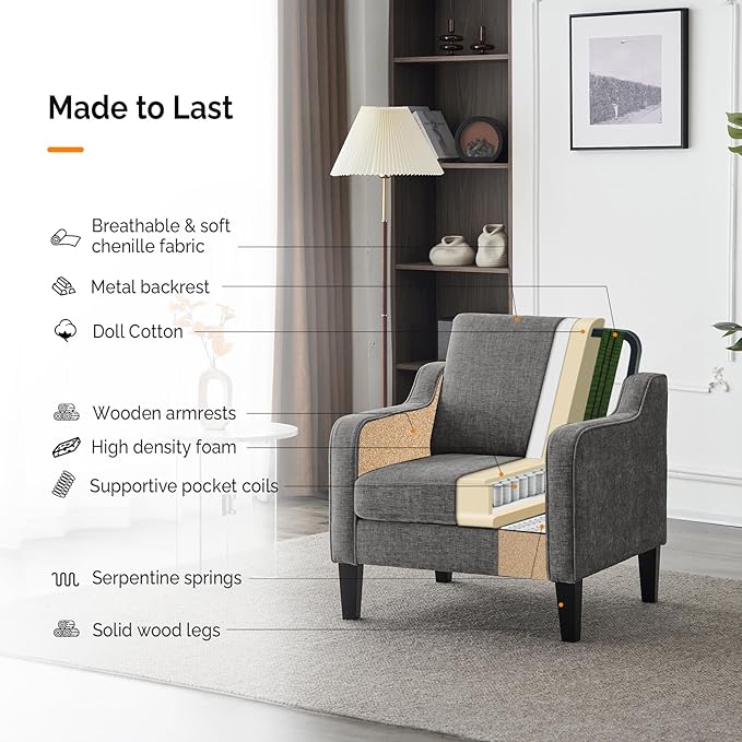 VINGLI Accent Chairs Set of 2 for Living Room, Light Grey Mid Century Modern Chair Soft Chenille Sofa Chair Upholstered Comfy Arm Chairs for Bedroom, Play Room, Apartment