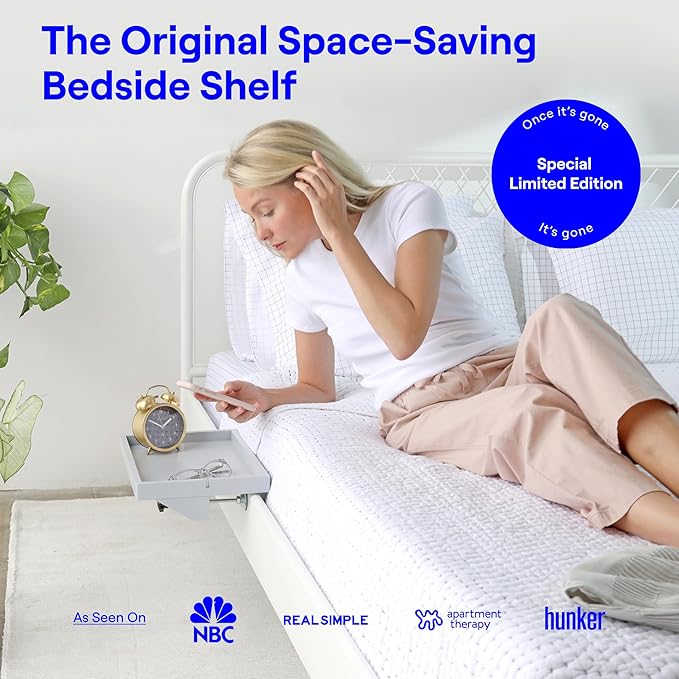 BedShelfie Bedside Shelf for Bunk Bed & Top Bunk, College Dorm Room & Loft Nightstand, Floating Bed Side Table Tray Storage - Plus Grey Wood