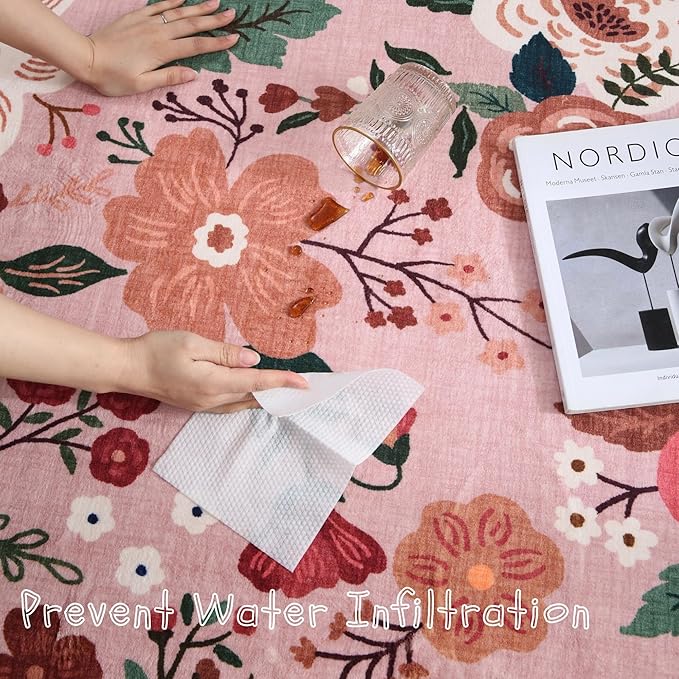 Door Mat Indoor Entrance 2x3 Rug Machine Washable Boho Floral Small Area Rug Non-Slip Low Pile Throw Rugs for Entryway, Kitchen, Front Door Indoor Entrance, Entry, Kids Room (Pink)