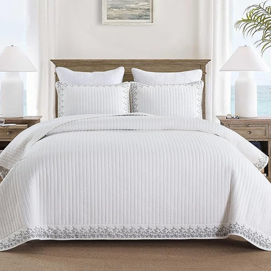 MarCielo 3-Piece 100% Cotton White Striped Quilt Set with Botanical Edge Embroidery TC(Sakura White,King(106" X 98"))