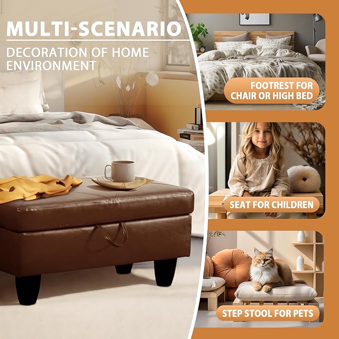 Ottoman Rectangular Storage Ottoman Bench, Faux Leather Footrest, Coffee Table, Stool Footstool with Hinged Lid for Living Room, Bedroom, Entryway, Brown, 28.5"x19"x17.5"