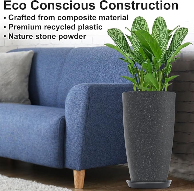 Tall Flower Pot Indoor - Outdoor Plant Pot - Black Glossy Planter - Elegant Stone Imitation - 12" Diameter 21" Tall with Drainage Holes and Saucer
