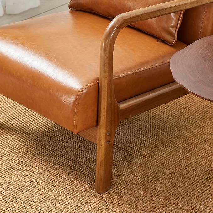Glitzhome 2 Set Mid Century Yellowish Brown Accent Armchair, Single Reading Armchair PU Leather Lounge Chair with Walnut Ruberwood Frame